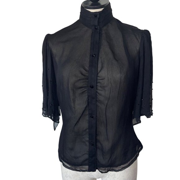 Veronique Young Vintage 90s Womens Blouse Size 6 Black Flutter Sleeve New - Picture 1 of 9